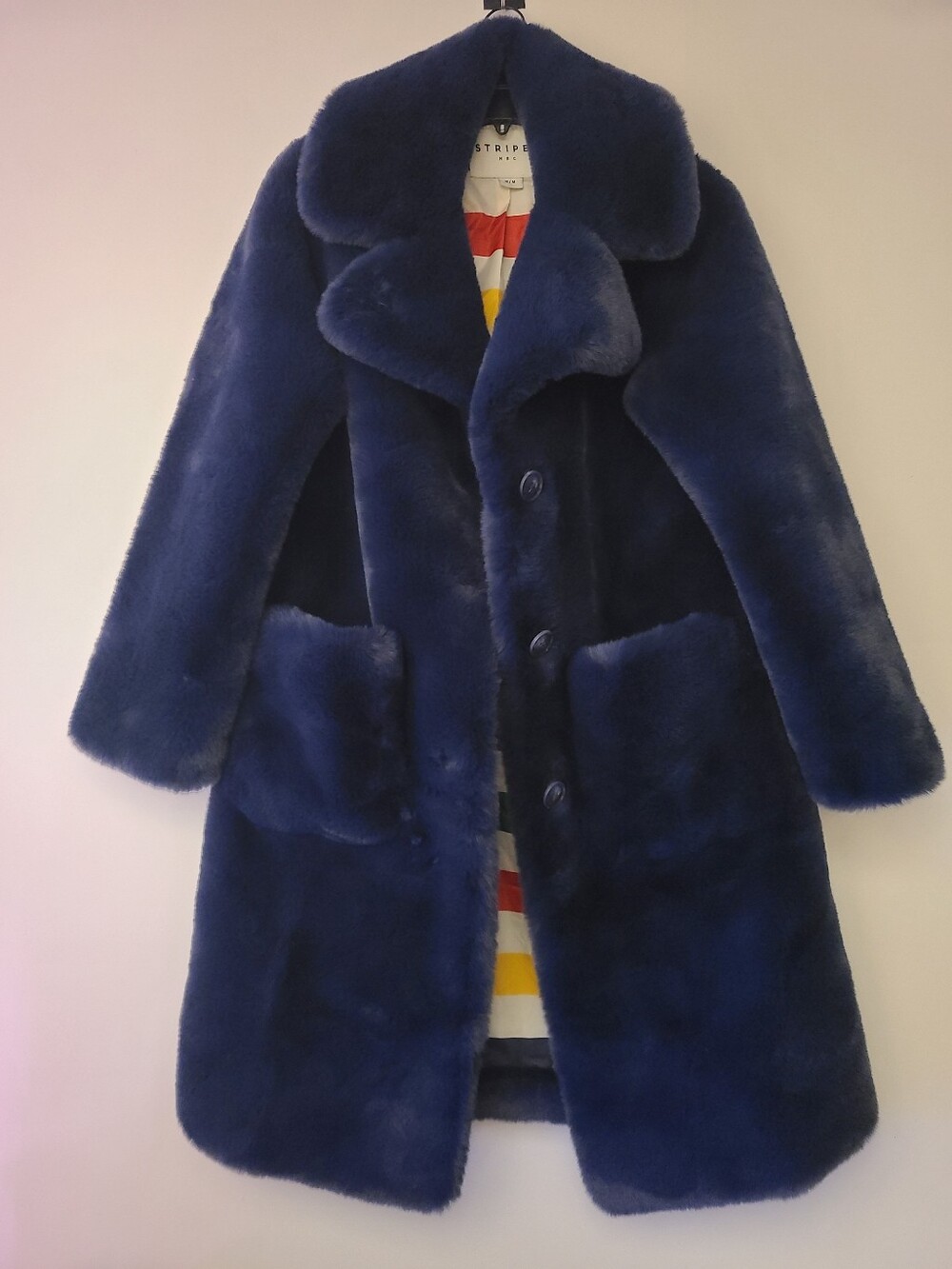 HBC Stripes Hudson's Bay Company Navy Faux Fur Teddy Long Coat Womens Size M